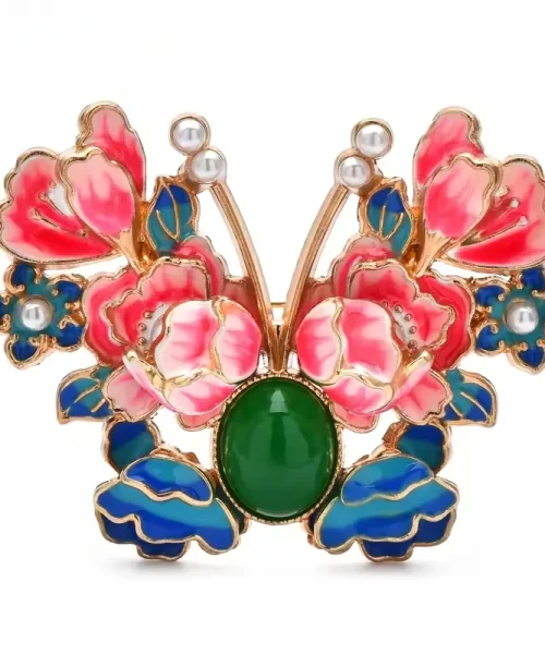 Broche papillon pivoine rose en émail, fleurs corail et ailes bleues