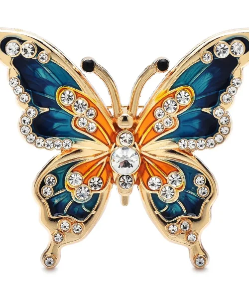 Broche papillon strass bleu et orange, ailes en émail bordées de strass et cristal central