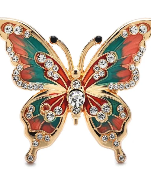 Broche papillon strass vert et corail, ailes en émail bordées de strass et cristal central
