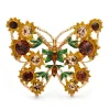 Broche papillon tournesol, fleurs émaillées jaunes et strass ambrés sur monture dorée