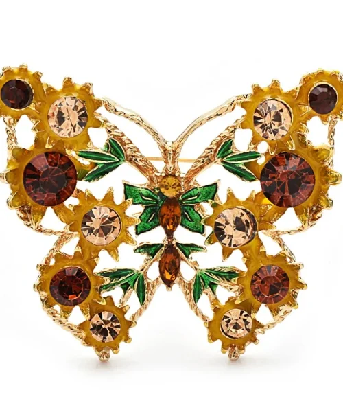 Broche papillon tournesol, fleurs émaillées jaunes et strass ambrés sur monture dorée
