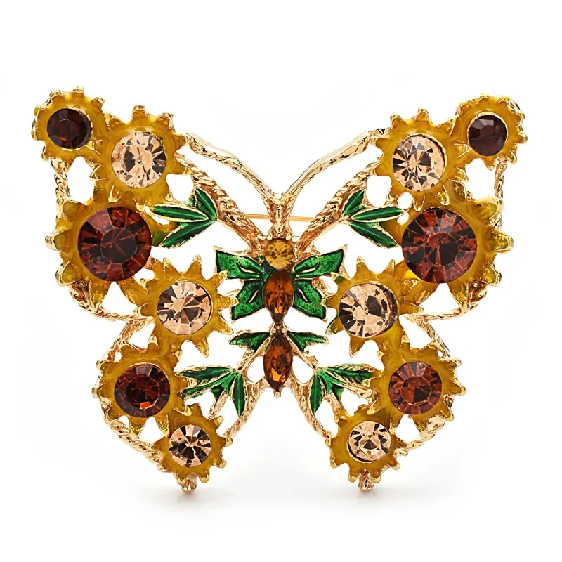 Broche papillon tournesol, fleurs émaillées jaunes et strass ambrés sur monture dorée