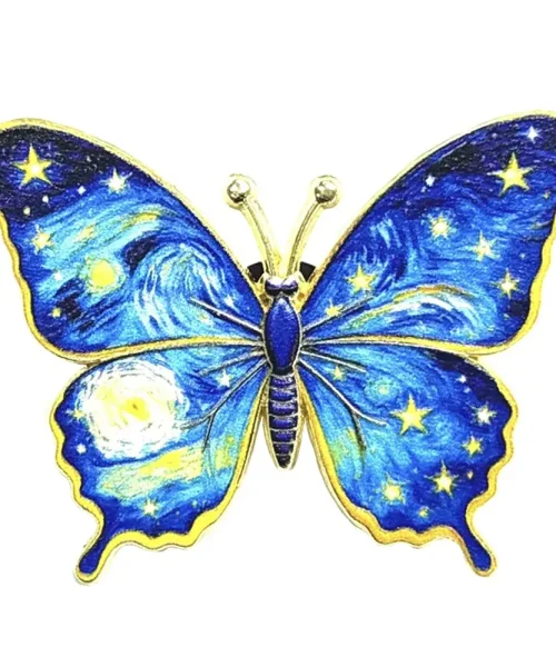 Broche papillon Van Gogh ciel étoilé, tableau reproduit sur les ailes et contour doré