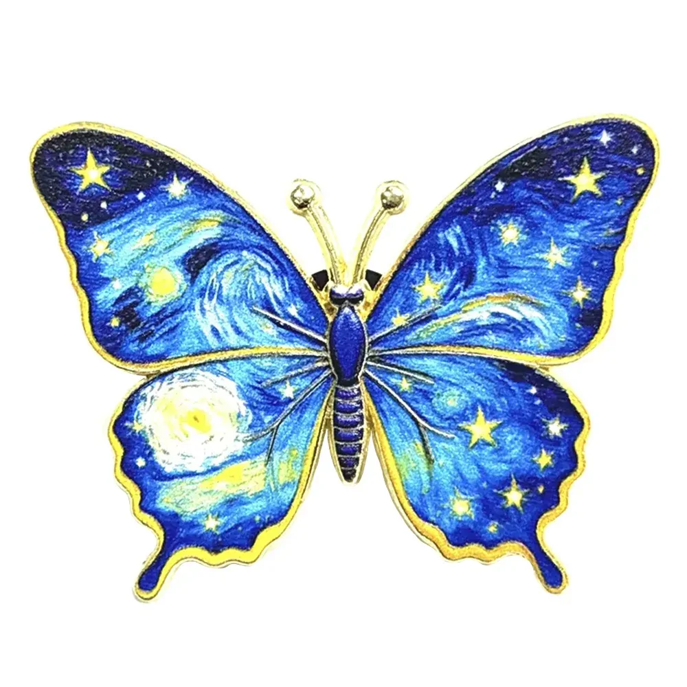 Broche papillon Van Gogh ciel étoilé, tableau reproduit sur les ailes et contour doré