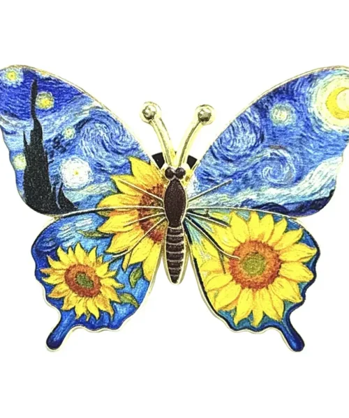 Broche papillon Van Gogh nuit et tournesols, tableau reproduit sur les ailes et contour doré