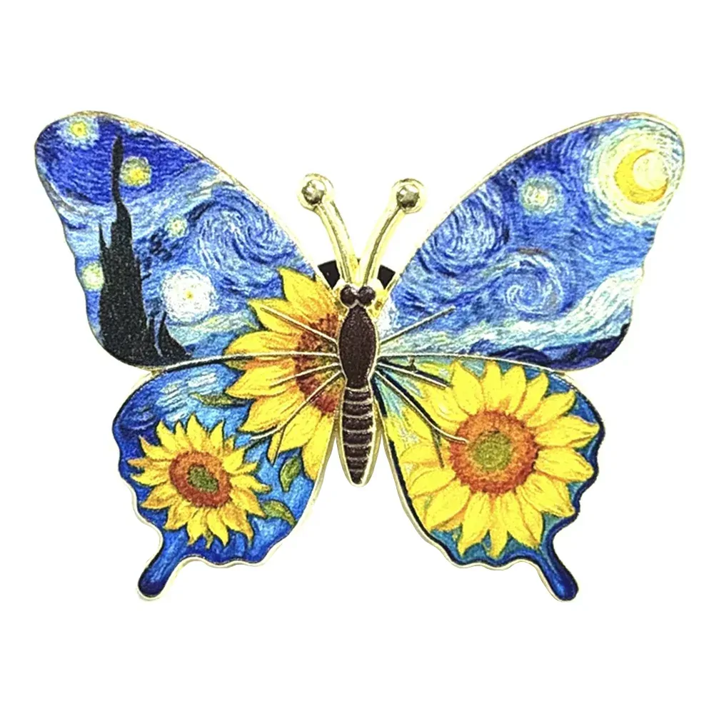 Broche papillon Van Gogh nuit et tournesols, tableau reproduit sur les ailes et contour doré