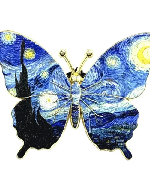 Broche papillon Van Gogh nuit étoilée, tableau reproduit sur les ailes et contour doré