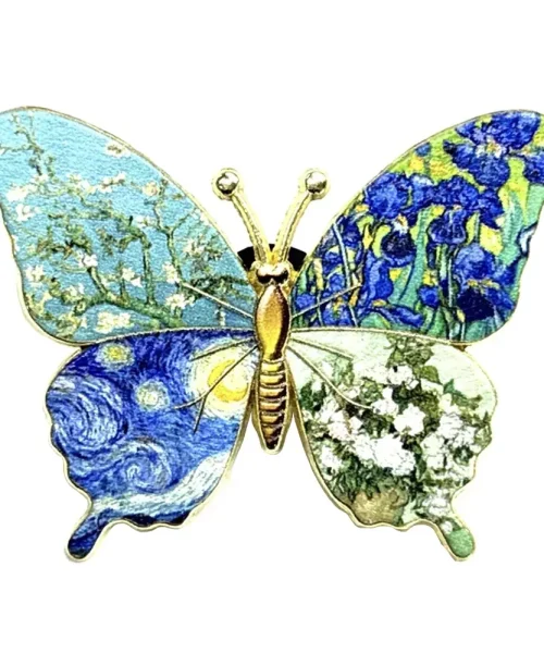 Broche papillon Van Gogh quatre tableaux, tableau reproduit sur les ailes et contour doré