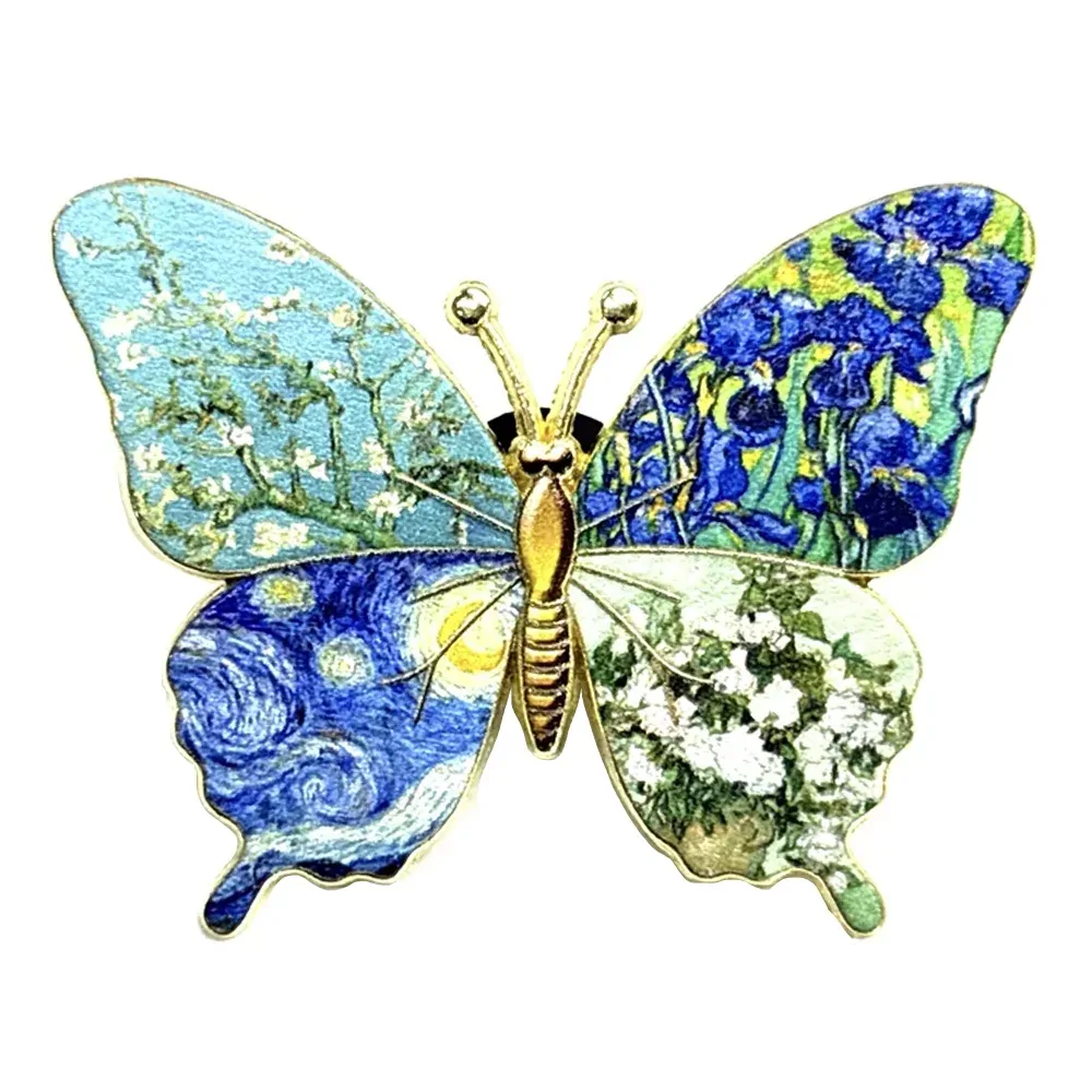 Broche papillon Van Gogh quatre tableaux, tableau reproduit sur les ailes et contour doré