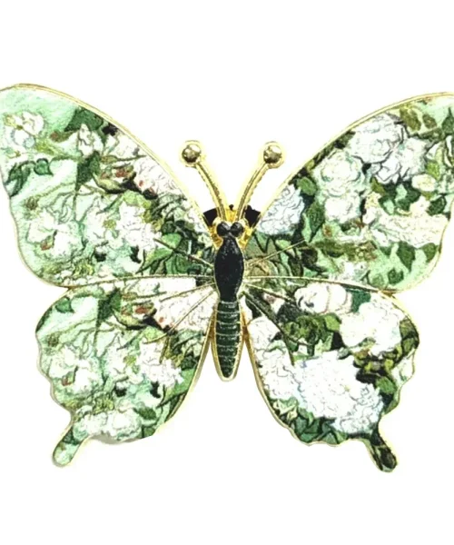 Broche papillon Van Gogh roses blanches, tableau reproduit sur les ailes et contour doré