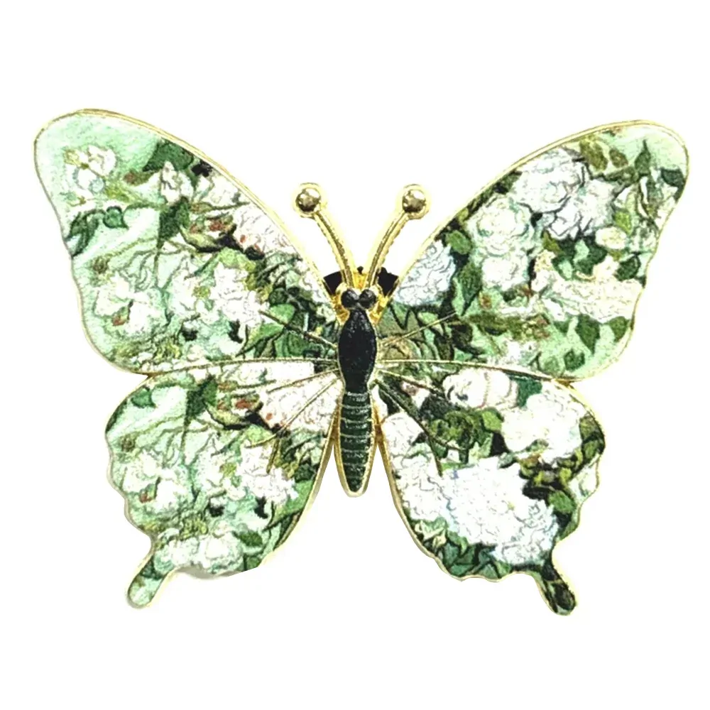 Broche papillon Van Gogh roses blanches, tableau reproduit sur les ailes et contour doré