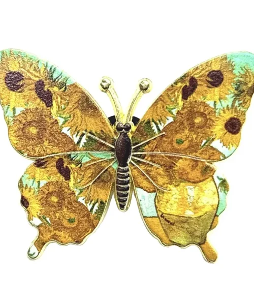 Broche papillon Van Gogh tournesols, tableau reproduit sur les ailes et contour doré