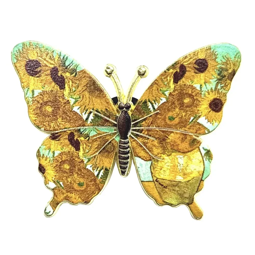 Broche papillon Van Gogh tournesols, tableau reproduit sur les ailes et contour doré