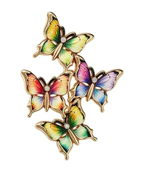 Broche papillons en grappe arc-en-ciel, quatre papillons en émail et contour doré