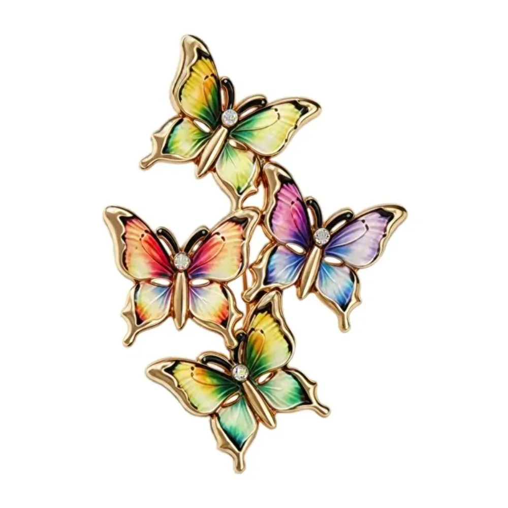Broche papillons en grappe arc-en-ciel, quatre papillons en émail et contour doré
