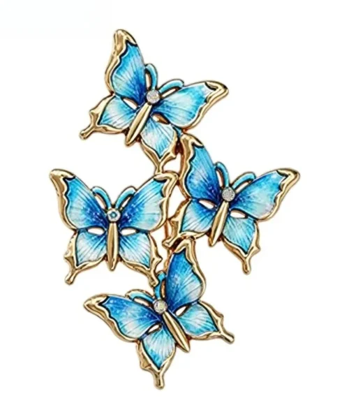 Broche papillons en grappe bleu ciel, quatre papillons en émail et contour doré