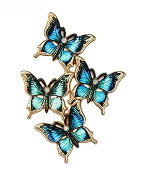 Broche papillons en grappe bleu paon, quatre papillons en émail et contour doré