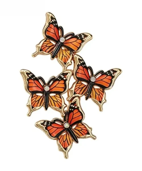 Broche papillons en grappe monarque, quatre papillons en émail et contour doré