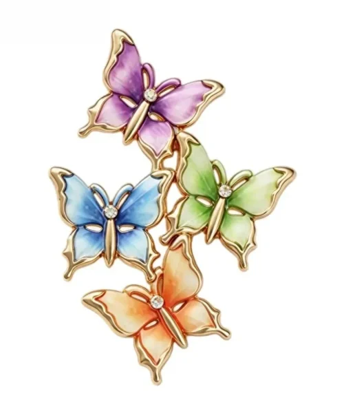 Broche papillons en grappe pastel, quatre papillons en émail et contour doré