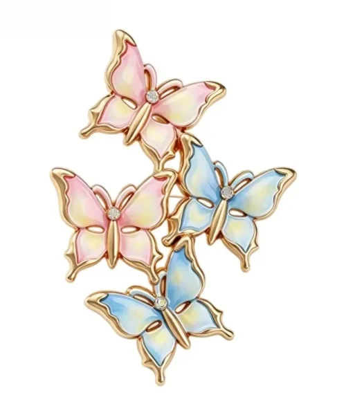 Broche papillons en grappe rose et bleu, quatre papillons en émail et contour doré