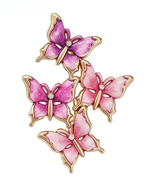 Broche papillons en grappe rose et violet, quatre papillons en émail et contour doré