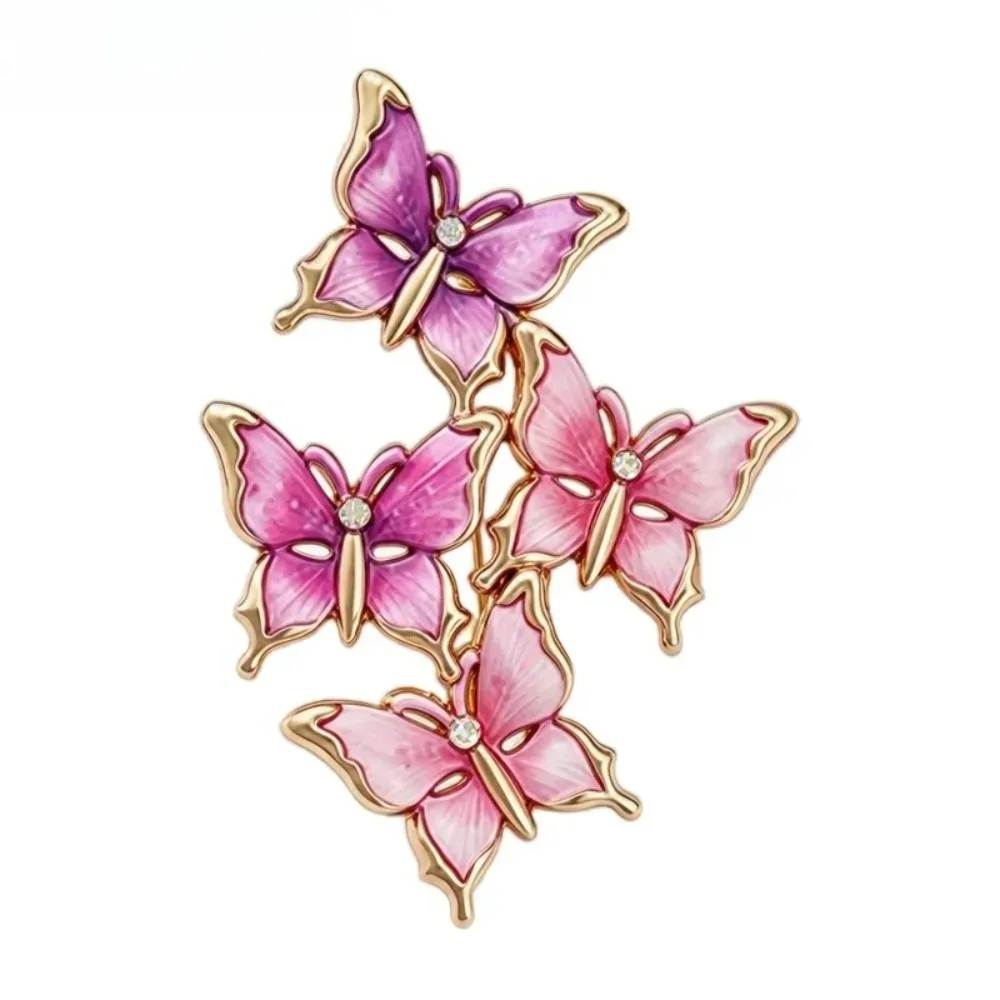 Broche papillons en grappe rose et violet, quatre papillons en émail et contour doré