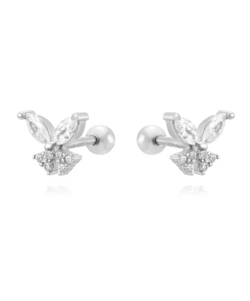 Clous d oreilles papillon zircon, finition argente blanc, argent 925 a fermoir visse