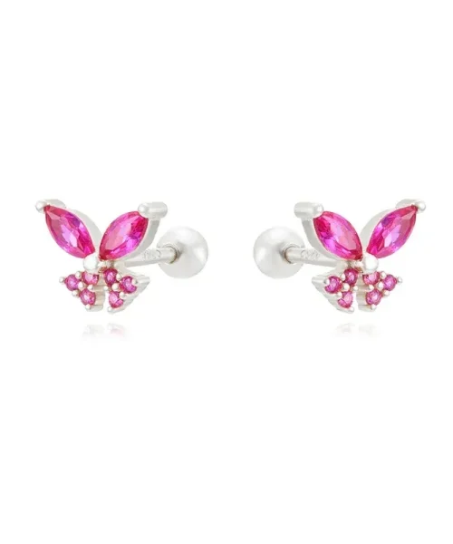 Clous d oreilles papillon zircon, finition argente rose, argent 925 a fermoir visse