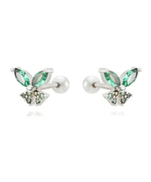 Clous d oreilles papillon zircon, finition argente vert, argent 925 a fermoir visse