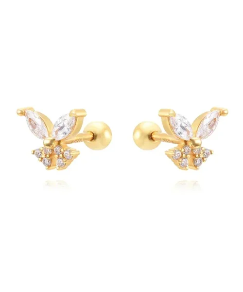 Clous d oreilles papillon zircon, finition dore blanc, argent 925 a fermoir visse