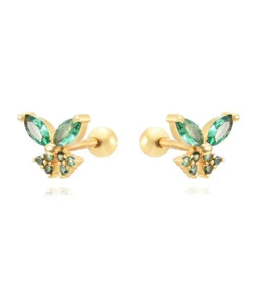 Clous d oreilles papillon zircon, finition dore vert, argent 925 a fermoir visse