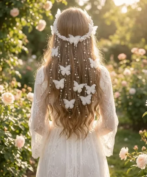 Coiffe papillon perlée à pampilles blanche portée sur cheveux lâchés, cascade de perles et papillons dans le dos
