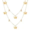 Collier breloques papillon doré, deux chaînes fines à six papillons et quatre billes