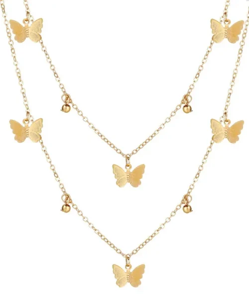 Collier breloques papillon doré, deux chaînes fines à six papillons et quatre billes