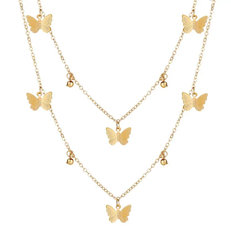 Collier breloques papillon doré, deux chaînes fines à six papillons et quatre billes