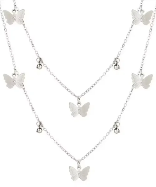 Collier breloques papillon argenté, deux chaînes à papillons aux ailes grenées et billes