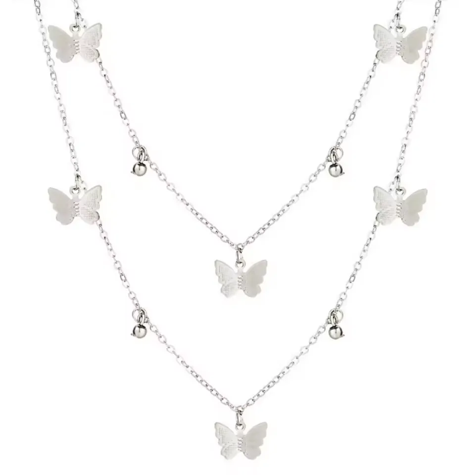 Collier breloques papillon argenté, deux chaînes à papillons aux ailes grenées et billes