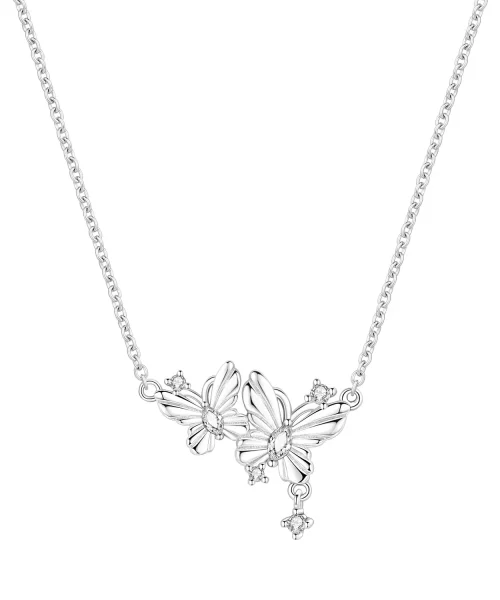 Collier deux papillons argenté en argent 925, papillons ciselés et zircons