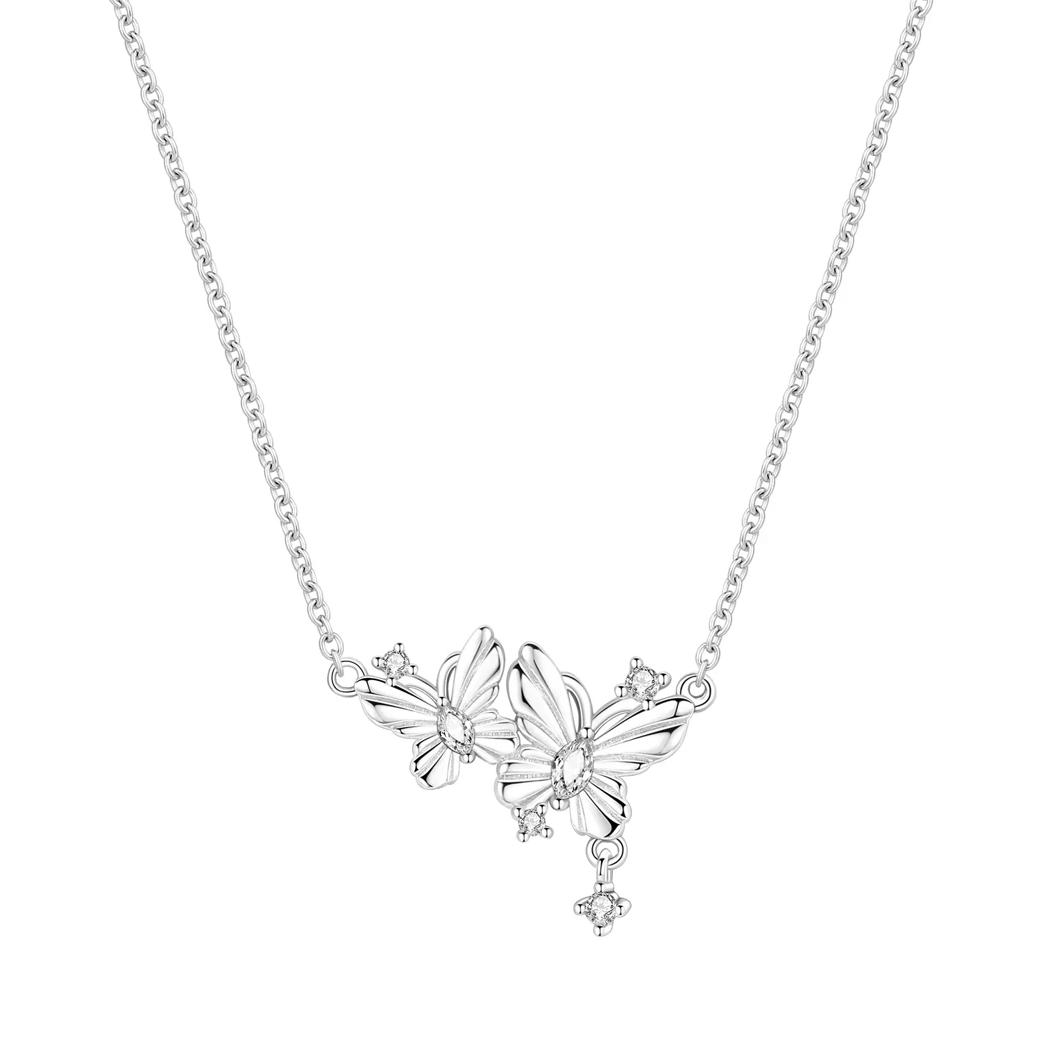 Collier deux papillons argenté en argent 925, papillons ciselés et zircons