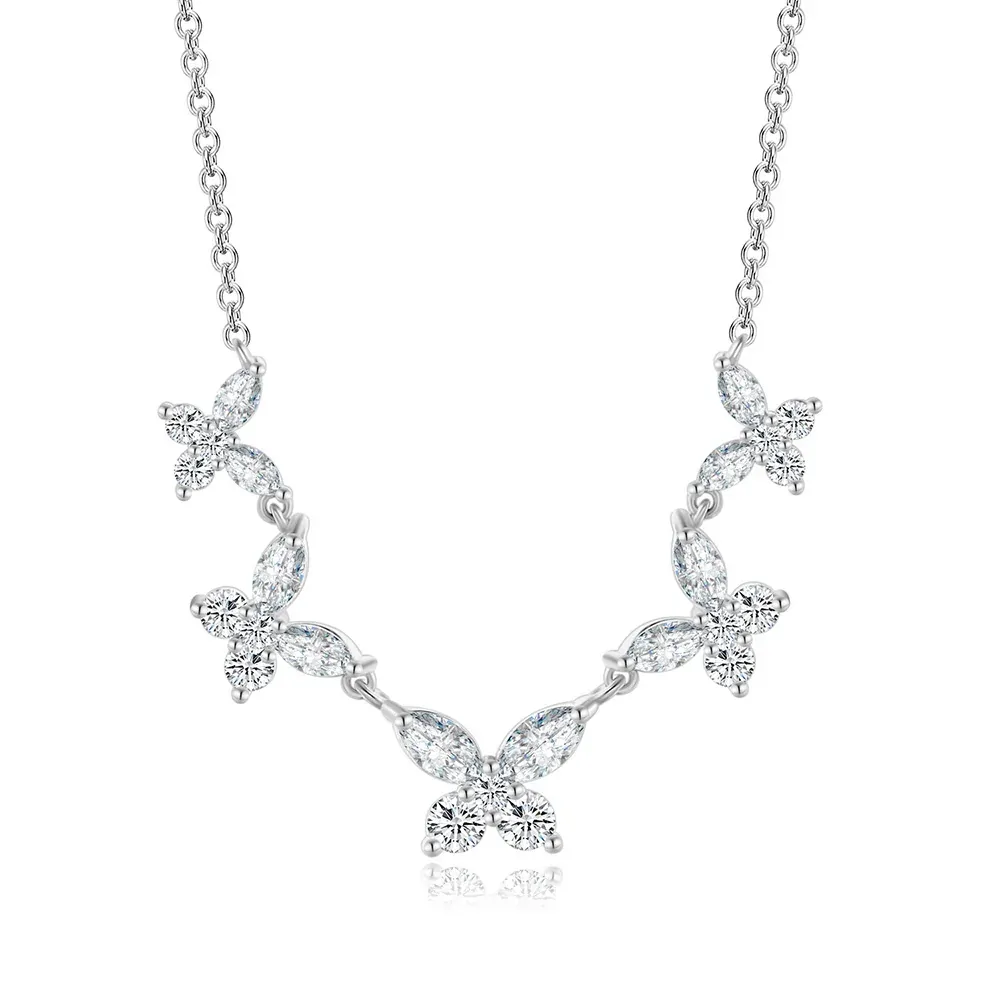 Collier guirlande de cinq papillons en zircons, finition argentée