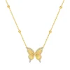 Collier papillon en argent 925 plaqué or, grandes ailes striées bordées de zircons, chaîne perlée