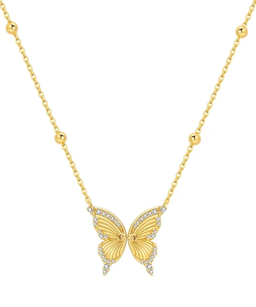 Collier papillon en argent 925 plaqué or, grandes ailes striées bordées de zircons, chaîne perlée