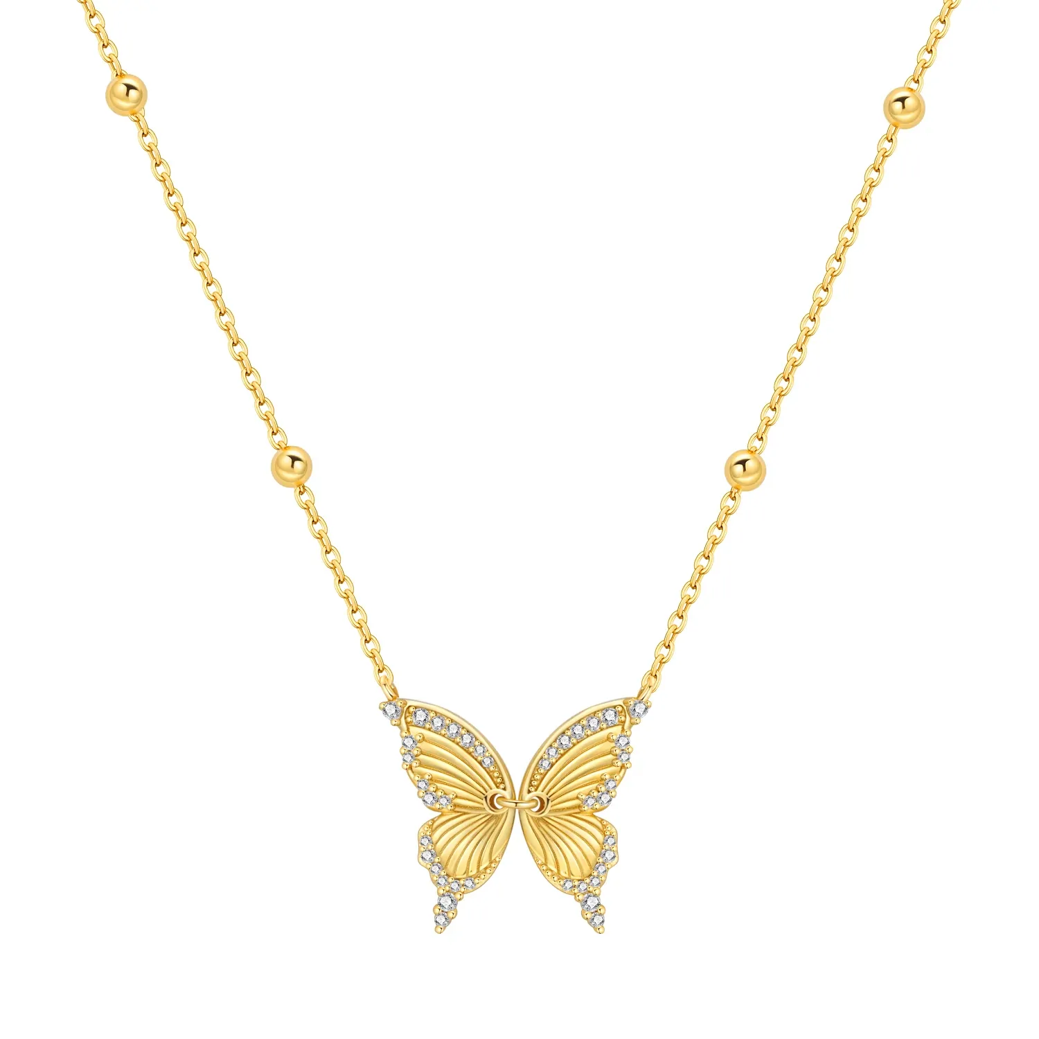 Collier papillon en argent 925 plaqué or, grandes ailes striées bordées de zircons, chaîne perlée