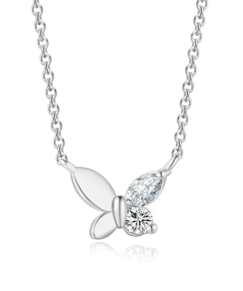 Collier papillon asymétrique argenté, moitié métal poli et moitié zircons