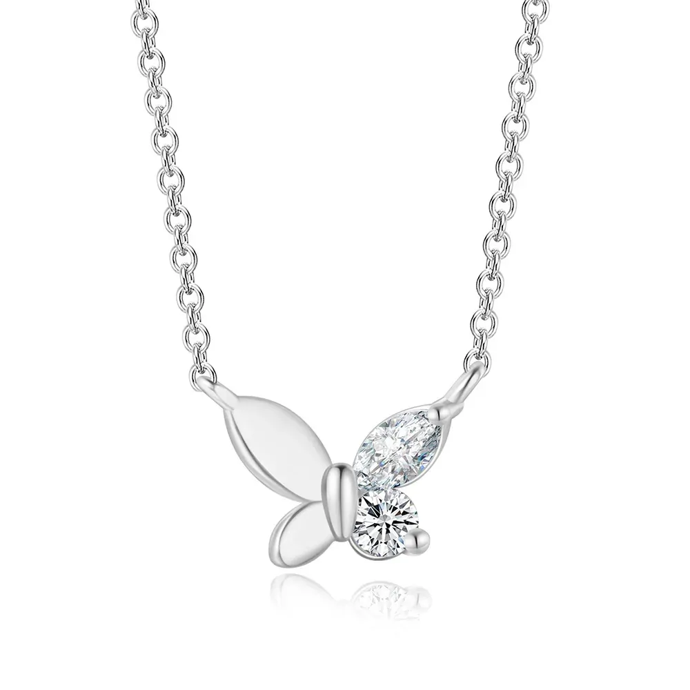 Collier papillon asymétrique argenté, moitié métal poli et moitié zircons