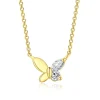 Collier papillon asymétrique plaqué or, ailes en métal poli d'un côté et zircons de l'autre
