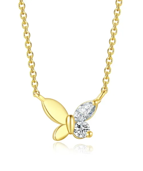 Collier papillon asymétrique plaqué or, ailes en métal poli d'un côté et zircons de l'autre