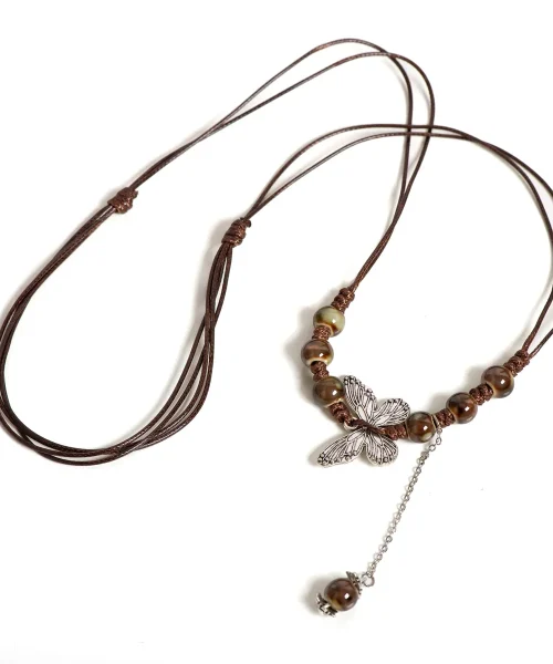 Collier papillon bohème marron réglable, perles en céramique brunes, papillon et chaînette à perle