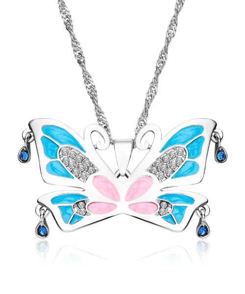 Collier grand papillon coloré en émail et cristaux, modèle bleu-rose-argente