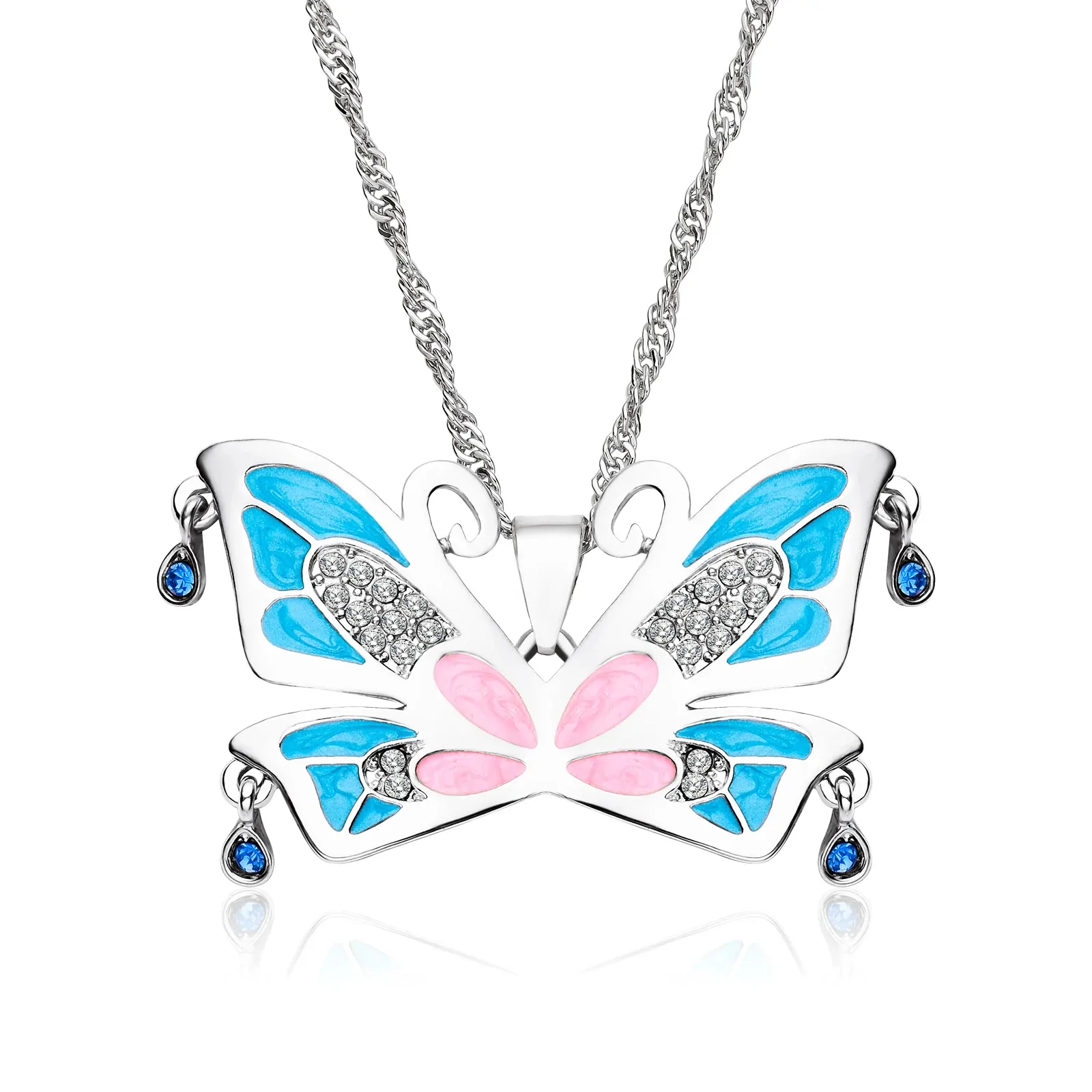Collier grand papillon coloré en émail et cristaux, modèle bleu-rose-argente